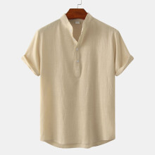 (Khaki, S) Sommerliches Herren-T-Shirt aus Baumwoll-Leinen-Mischgewebe mit Stehkragen und kurzen Ärmeln für den Strand