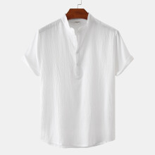 (White, XL) T-shirt estiva da uomo in cotone e lino con colletto alla coreana, maniche corte, casual, ideale per la spiaggia.