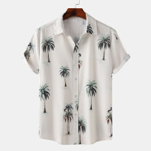 (C317, S) Camicia da uomo a maniche corte con stampa digitale a tema spiaggia tropicale.