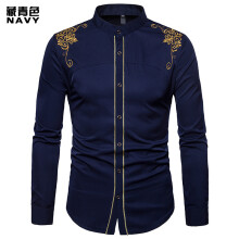 (Navy Blue, S) Koszula męska z długim rękawem Spring English Court z haftem Cena promocyjna 7-A01