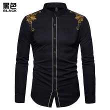 (Black, XL) Spring English Court Embroidered Men's Long Sleeve Shirt Special Price 7-A01