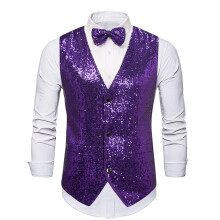 (Purple, S) Ensemble gilet à sequins et nœud papillon pour homme MJ30 - Veste d'hiver brillante