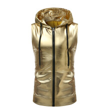 (Gold, XXL) Men's Vibrant Dance Hooded Zip Vest with Drawstring ZT-B02