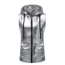(Silver, M) Men's Vibrant Dance Hooded Zip Vest with Drawstring ZT-B02