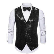 (Black, XL) MJ30 Męski zestaw kamizelka z cekinami i muszka – Jasna, błyszcząca kurtka zimowa