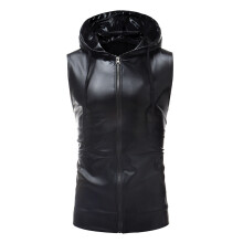 (Black, XL) Men's Vibrant Dance Hooded Zip Vest with Drawstring ZT-B02