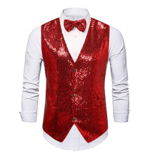 (Red, XL) Ensemble gilet à sequins et nœud papillon pour homme MJ30 - Veste d'hiver brillante