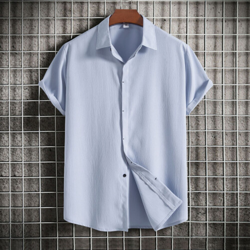 (Light Blue, L) Summer Men's Loose Solid Button Short-Sleeve Shirt Casual Top