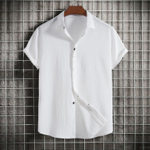 (White, L) Camicia estiva da uomo a maniche corte, ampia, tinta unita, con bottoni, modello casual.