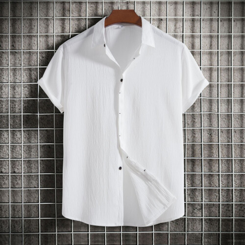 (White, M) Summer Men's Loose Solid Button Short-Sleeve Shirt Casual Top