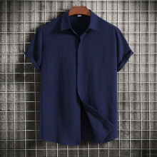(Dark blue, L) Summer Men's Loose Solid Button Short-Sleeve Shirt Casual Top