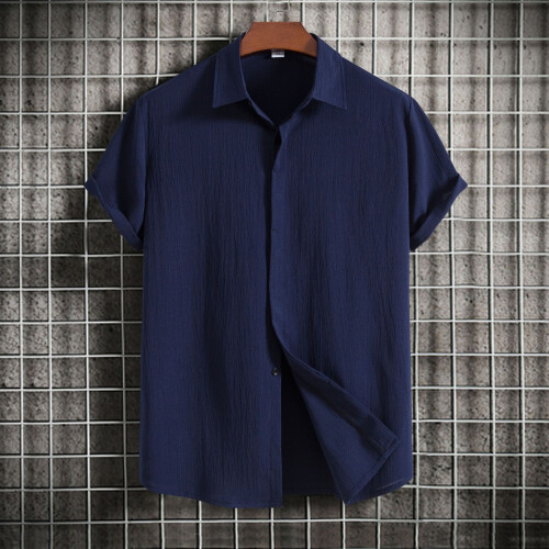 (Dark blue, L) Summer Men's Loose Solid Button Short-Sleeve Shirt Casual Top