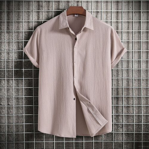 (Pink, M) Summer Men's Loose Solid Button Short-Sleeve Shirt Casual Top