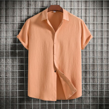 (Orange, 3XL) Camicia estiva da uomo a maniche corte, ampia, tinta unita, con bottoni, modello casual.