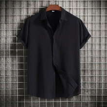(Black, XL) Letnia męska luźna koszula z krótkim rękawem i jednolitym guzikiem, swobodny top