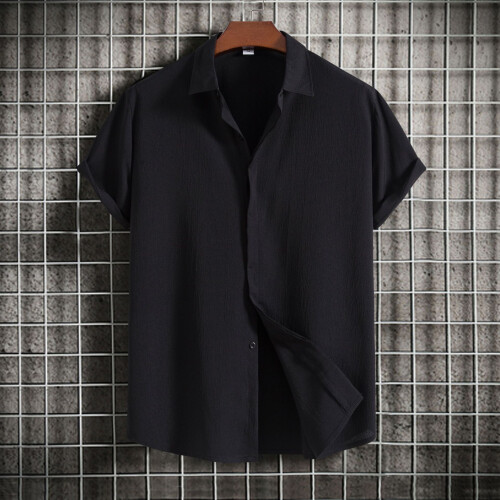 (Black, L) Summer Men's Loose Solid Button Short-Sleeve Shirt Casual Top