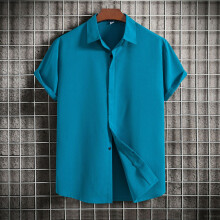 (Peacock blue, M) Camicia estiva da uomo a maniche corte, ampia, tinta unita, con bottoni, modello casual.