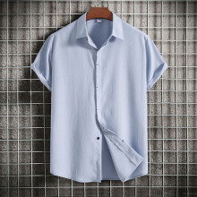 (Light Blue, 2XL) Sommar herrskjorta med lös, knappad, kortärmad, avslappnad topp