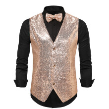 (Champagne, M) Ensemble gilet à sequins et nœud papillon pour homme MJ30 - Veste d'hiver brillante