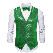 (Green, XL) Ensemble gilet à sequins et nœud papillon pour homme MJ30 - Veste d'hiver brillante