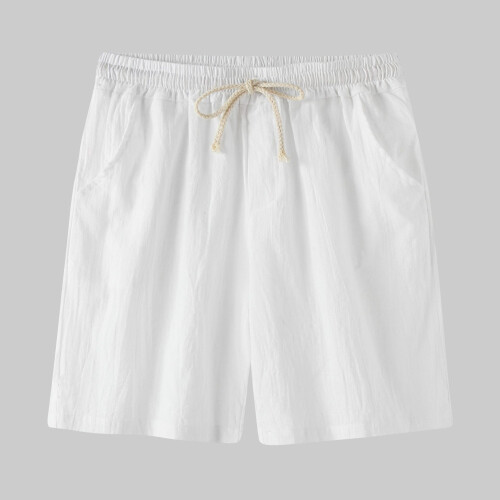 (White, M) Men's Retro Cotton-Linen Casual Shorts Summer Solid Elastic Plus Size Pants