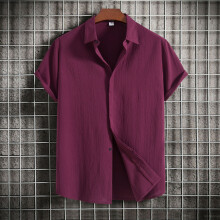 (Wine Red, 2XL) Sommar herrskjorta med lös, knappad, kortärmad, avslappnad topp
