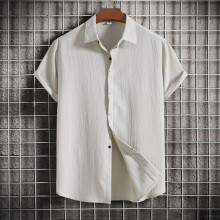 (Off-white, M) Letnia męska luźna koszula z krótkim rękawem i jednolitym guzikiem, swobodny top