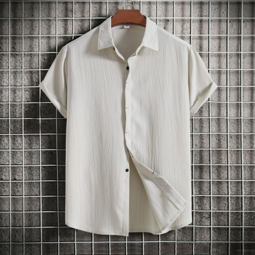 (White, M) Summer Men's Loose Solid Button Short-Sleeve Shirt Casual Top 2
