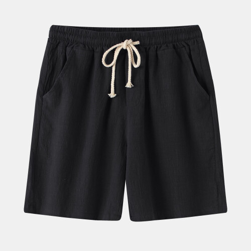 (Black, S) Men's Retro Cotton-Linen Casual Shorts Summer Solid Elastic Plus Size Pants