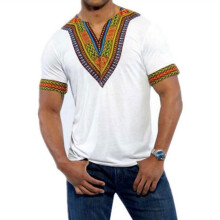(White, XL) Koszulka z krótkim rękawem i dekoltem w serek z nadrukiem etnicznym ZT-4049