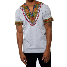 (Light Gray, S) Kurzarm-T-Shirt mit Ethno-Print und V-Ausschnitt ZT-4049