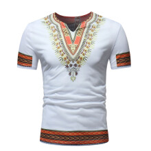 (White, XL) Men's Plus Size Ethnic Print Short Sleeve V-Neck Tee ZT-T08