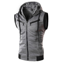 (Dark Gray, 2XL) Summer Men's Hooded Sleeveless Vest Solid Color Casual Slim Vest WZ10A