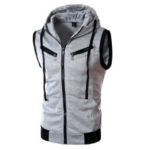 (Light Gray, L) Summer Men's Hooded Sleeveless Vest Solid Color Casual Slim Vest WZ10A