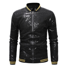 (Black, XXL) Veste de danse ample à sequins pour homme grande taille avec fermeture éclair ZT-JK23