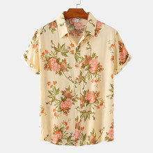 (C64-Khaki, 2XL) Men's Floral Short Sleeve Button-Down Shirt