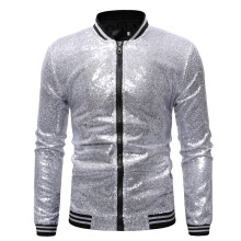 (Silver, M) Veste de danse ample à sequins pour homme grande taille avec fermeture éclair ZT-JK23