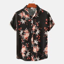 (C64-Black, XL) Herrskjorta med blommigt tryck och kort ärm