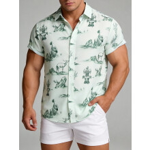 (C260, L) Hawaiisk blomsterprintet herreskjorte med korte ermer, størrelse Blomsterprintet kortermet skjorte for menn