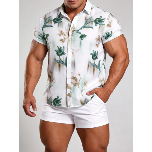 (C253, M) Hawaiianisches Herren-Kurzarmhemd mit Blumenmuster, Größe