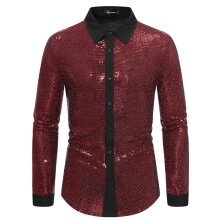 (Red, XXL) Vårlig, elegant herreskjorte med lange ermer og fargeblokker YC11