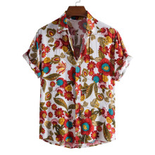 (C151-White, XL) Sommerblomstert herreskjorte med korte ermer