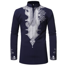 (Navy Blue, XL) Herre Chief-skjorte med ståkrage og gullfoliemønster ZT-FZ36