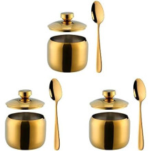 Conjunto de 3 peças de potes para especiarias com colher e tampa em aço inoxidável 304.