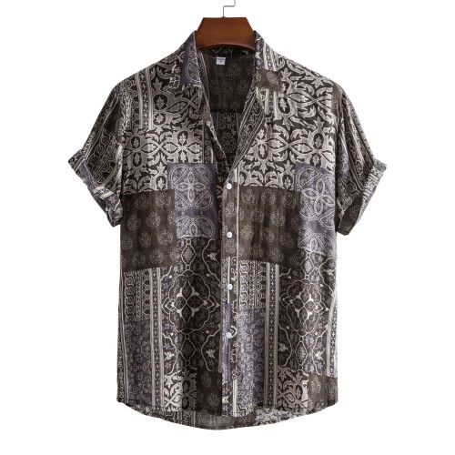 (C143, L) Camicia da uomo a maniche corte con stampa floreale estiva