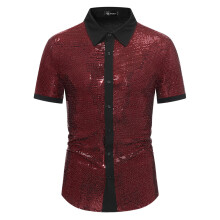 (Red, XXL) Herre sommerskjorte med korte ermer og skinnende fargeblokker YC10