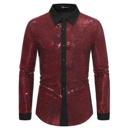 (Red, M) Spring Sleek Herren Langarm-Farbblockhemd YC11
