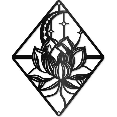 Arte de parede em metal com lótus, lua e flor, preta, 24,9 x 20 cm (9,8 x 7,9 polegadas)
