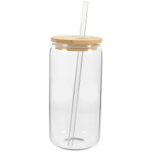 Gobelet en verre avec couvercle en bambou et paille, 35 cl