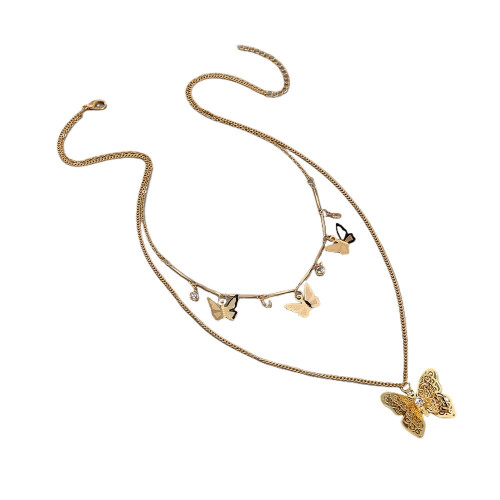 Colar feminino de metal com várias camadas, pingente de cruz e lua.